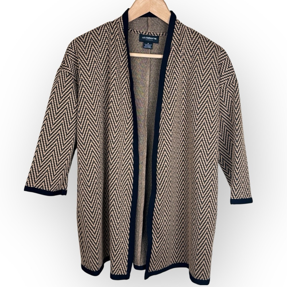 Liz Claiborne Career Cardigan Open Front w/ Clasp Black Brown Chevron Size Small